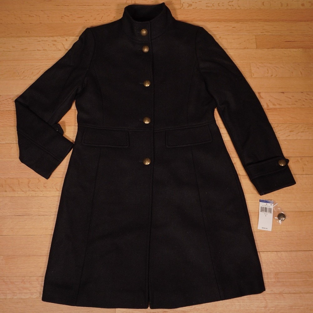 Lauren Ralph Lauren Stand-Collar Coat Black Wool Polyester Size 4 Brand New